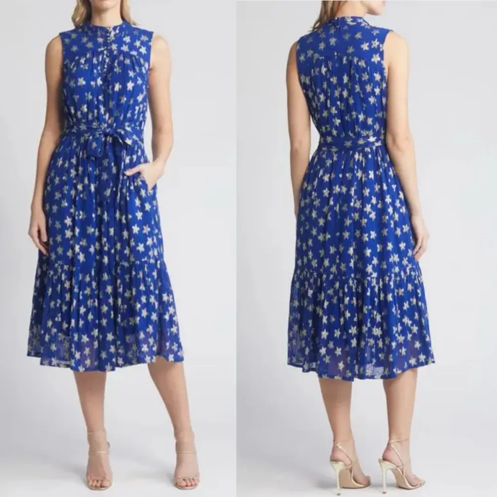 CIEBON Tara Star Metallic Sleeveless Midi Dress Blue Sz Large Formal Ruffles - Image 2