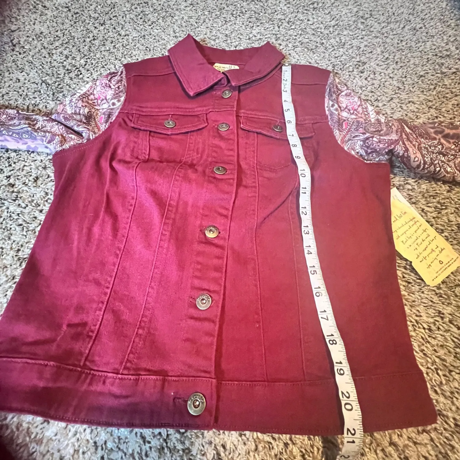 One World Womens Burgundy Denim Jacket Paisley Print Lighweight Sleeve Size S - Image 6