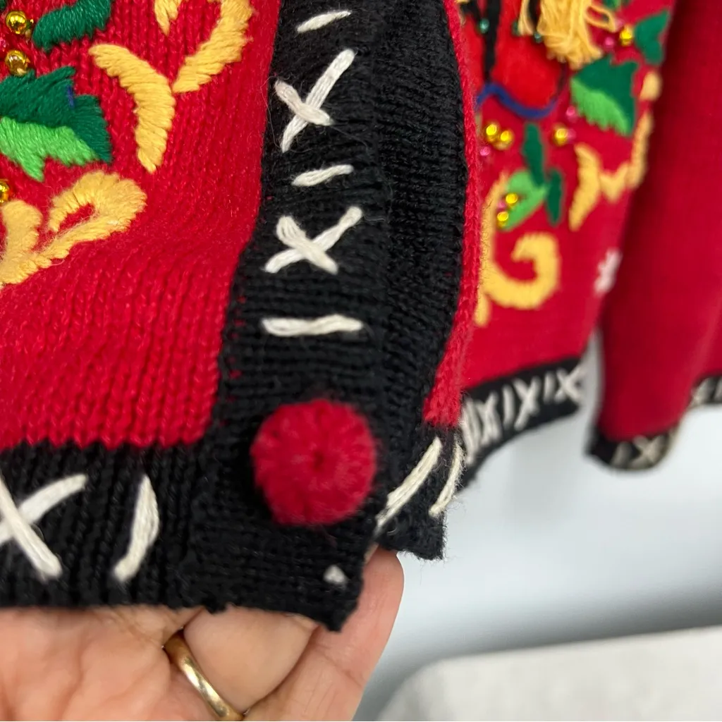 Vintage embroidery pom pom button up Red cardigan beaded Sweater size L FLAWS Size L - Image 7