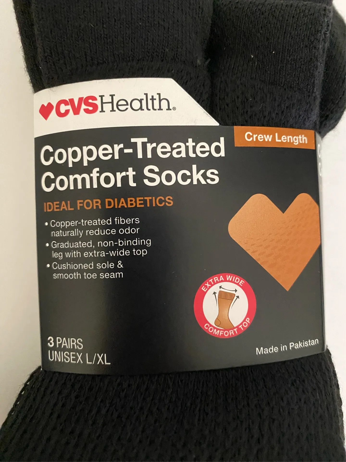 3 pairs Unisex CVS Copper Treated Black Comfort Socks Size L / XL - Image 4