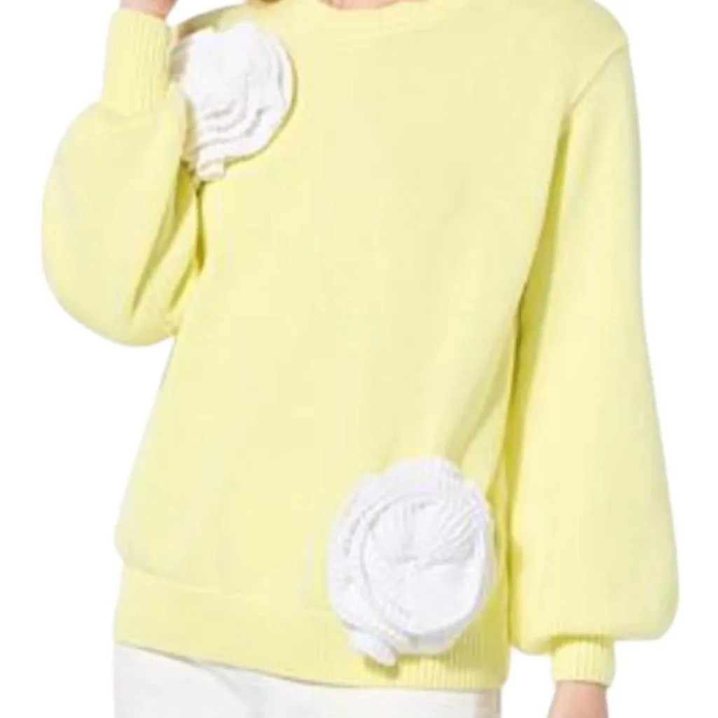 Christian Siriano C Wonder Yellow Knit Sweater White Flowers Cotton Size Large - Image 8