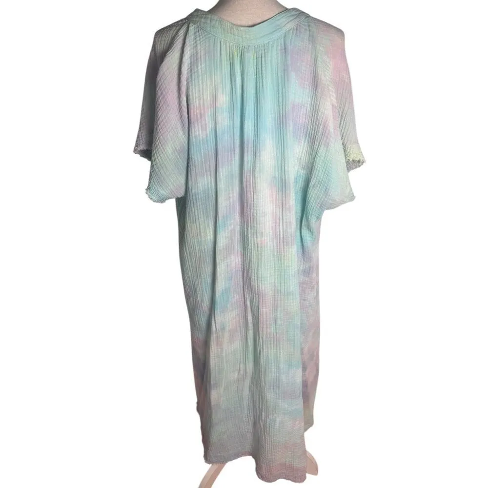 9seed TUNISIA short sleeve caftan in lightweight gauze tie dye one size Blue Size undefined - Image 2