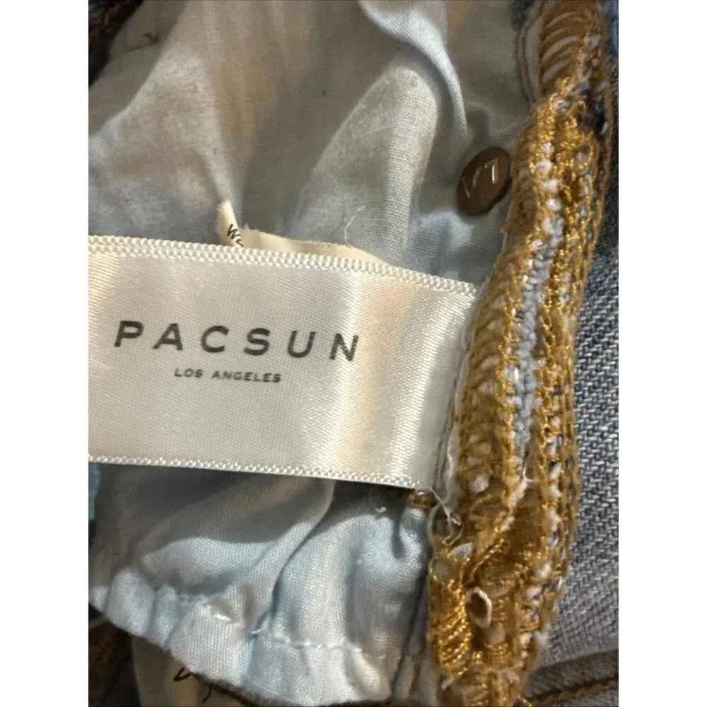 PacSun Light Wash Boho Equestrian Western Cactus Floral Denim Cutoff Shorts 24 - Image 6