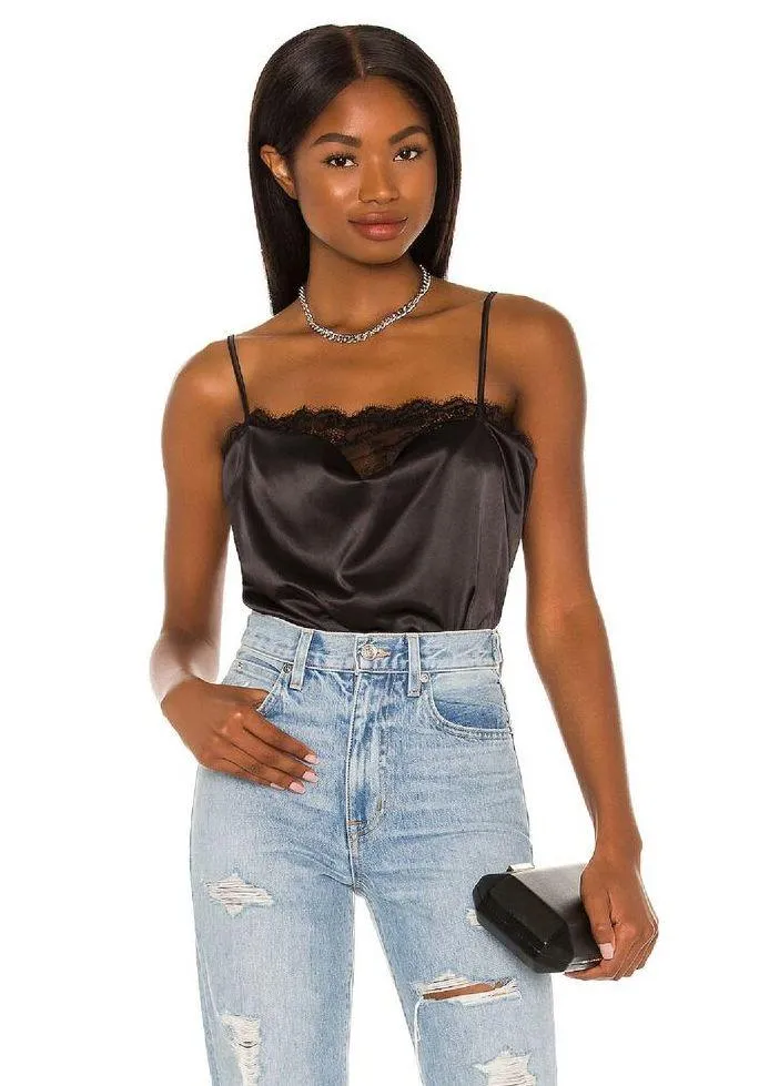 Lovers + Friends Black Satin Laced Neckline Open Back Draped Bodysuit Size Large - Image 2