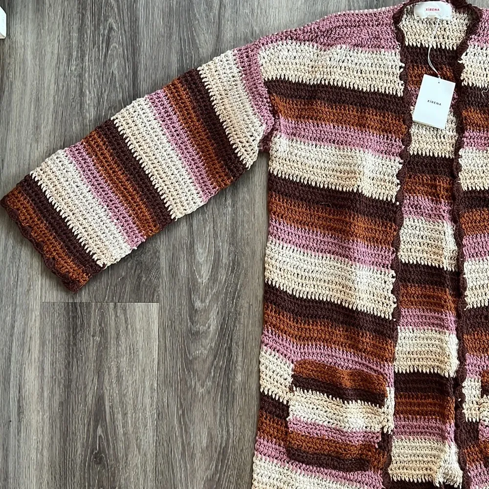 Xirena Browm Striped Cardigan Sweater Small Boho Casual Crochet Neutral Brown - Image 4