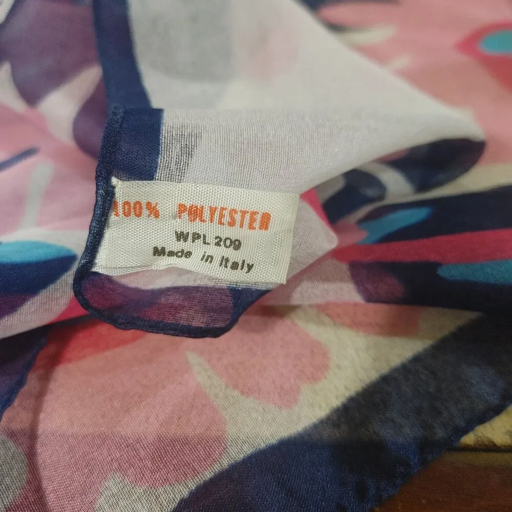 Vintage Italian Floral Polyester Scarf Bold Pink Blue Design 27 by 27 Inches - Image 5