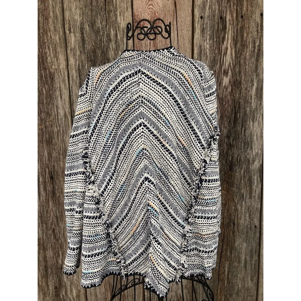 Lucky Brand Navy Blue White Mixed Print Fringe Open Cardigan Sweater S - Image 3