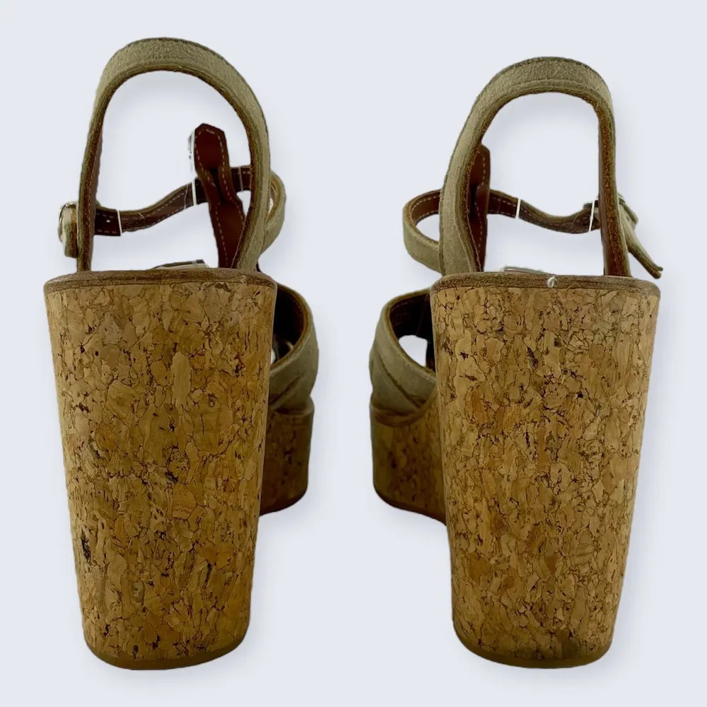 KJ K. Jacques St. Tropez Tan Suede Strappy Buckle 4" Cork Wedge Sandal 39 7.5 8 - Image 4