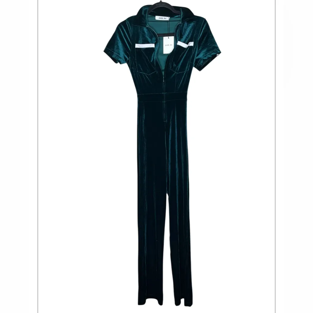 NWT Peachy Den Emerald Velvet Kernel Jumpsuit Size XS Green - Image 4