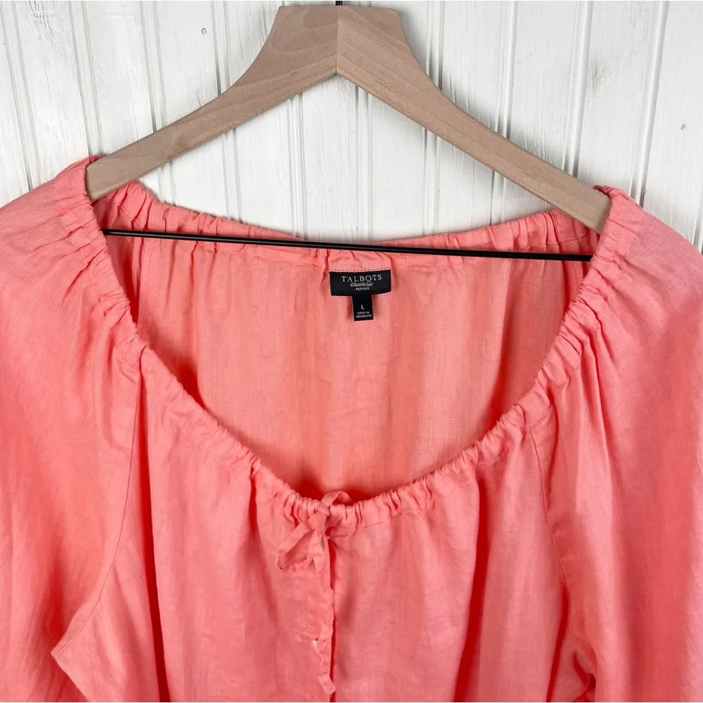 Talbots Petites Coral Linen Embroidered Peasant Top Size Large Button Front Boho - Image 3