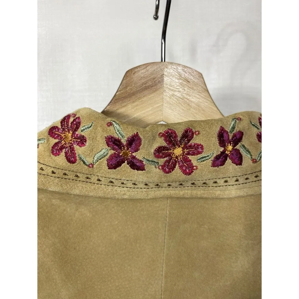 Margaret Godfrey Women Sz 8 Boho Western Floral Embroidered Suede Leather Jacket Tan - Image 4