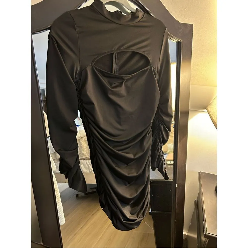 NEW Cut Out Bodycon Ruched Party Club Mini Dress L Black Size L - Image 4