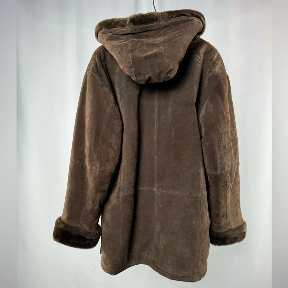 Vintage St. Johns Bay Hooded Faux Fur Lined Washable Suede Coat in Brown Size XL - Image 6