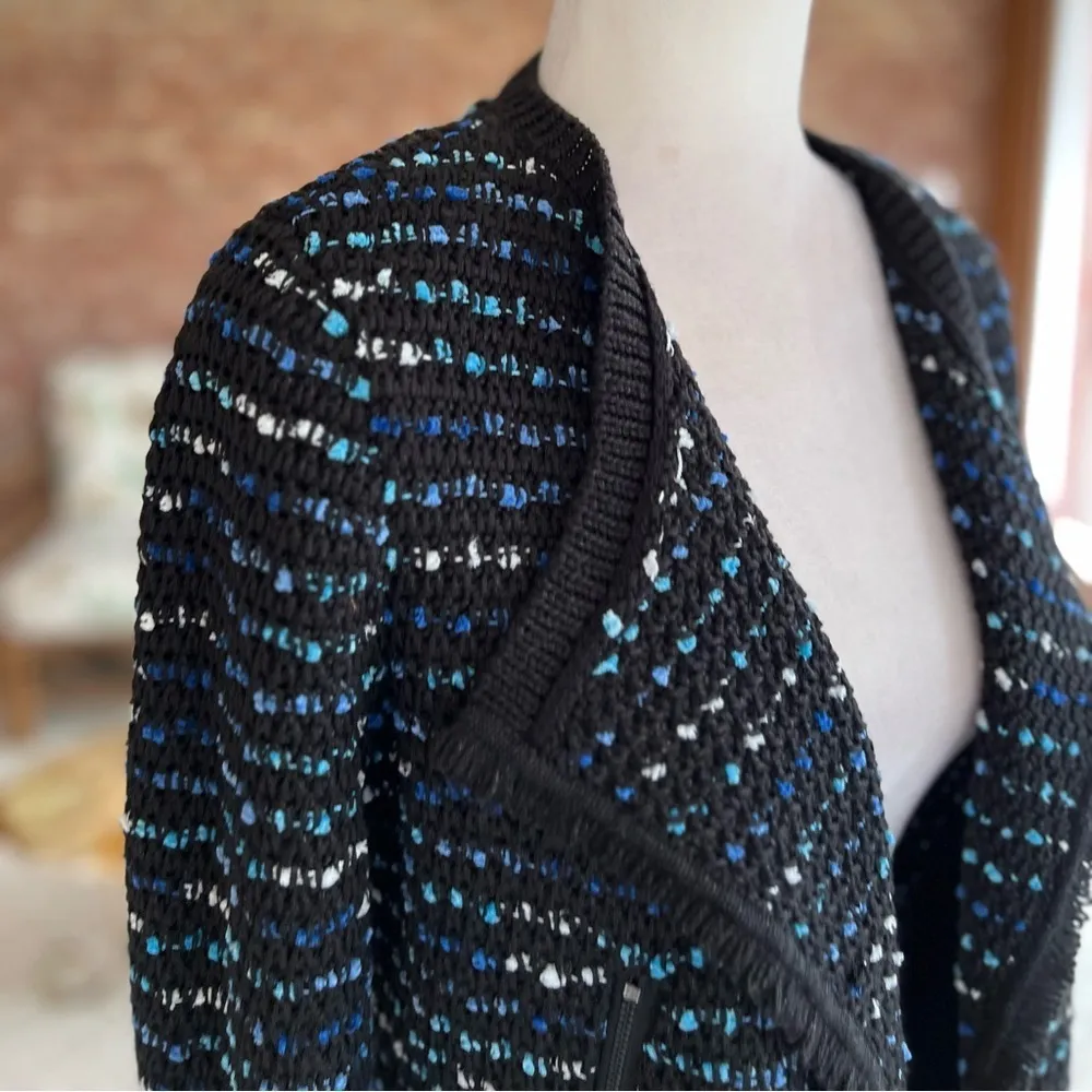 WHBM Jacket Knit Black Tweed Fringe Moto Cropped Open Front S Party Work Chic - Image 14