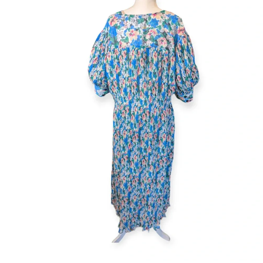 Ganni Floral Tent Dress Blue Green Midi Length Modest Pleated - Image 12