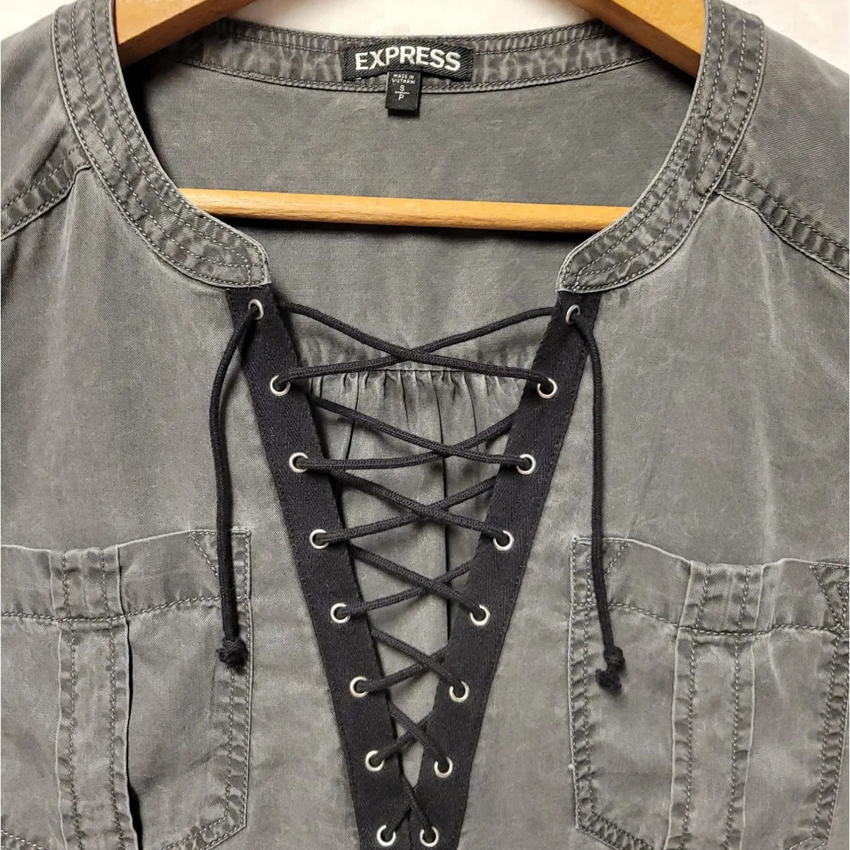 Chambray Charcoal Gray Shirt Dress Lace Up‎ Neckline Rocker Punk Emo Grunge Sz S - Image 3