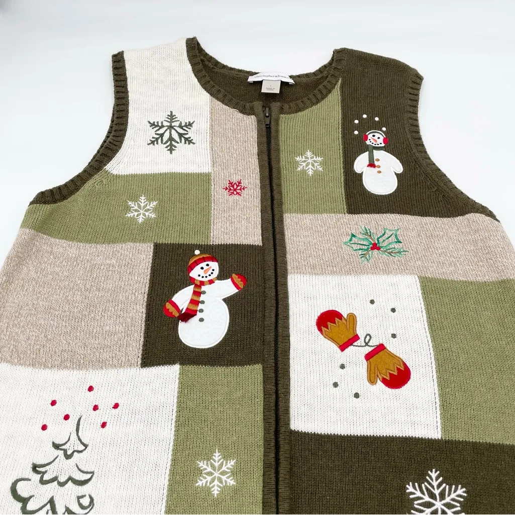 Vintage Y2K Christmas Sweater Vest Size Large Christopher & Banks Full Zip Green - Image 3