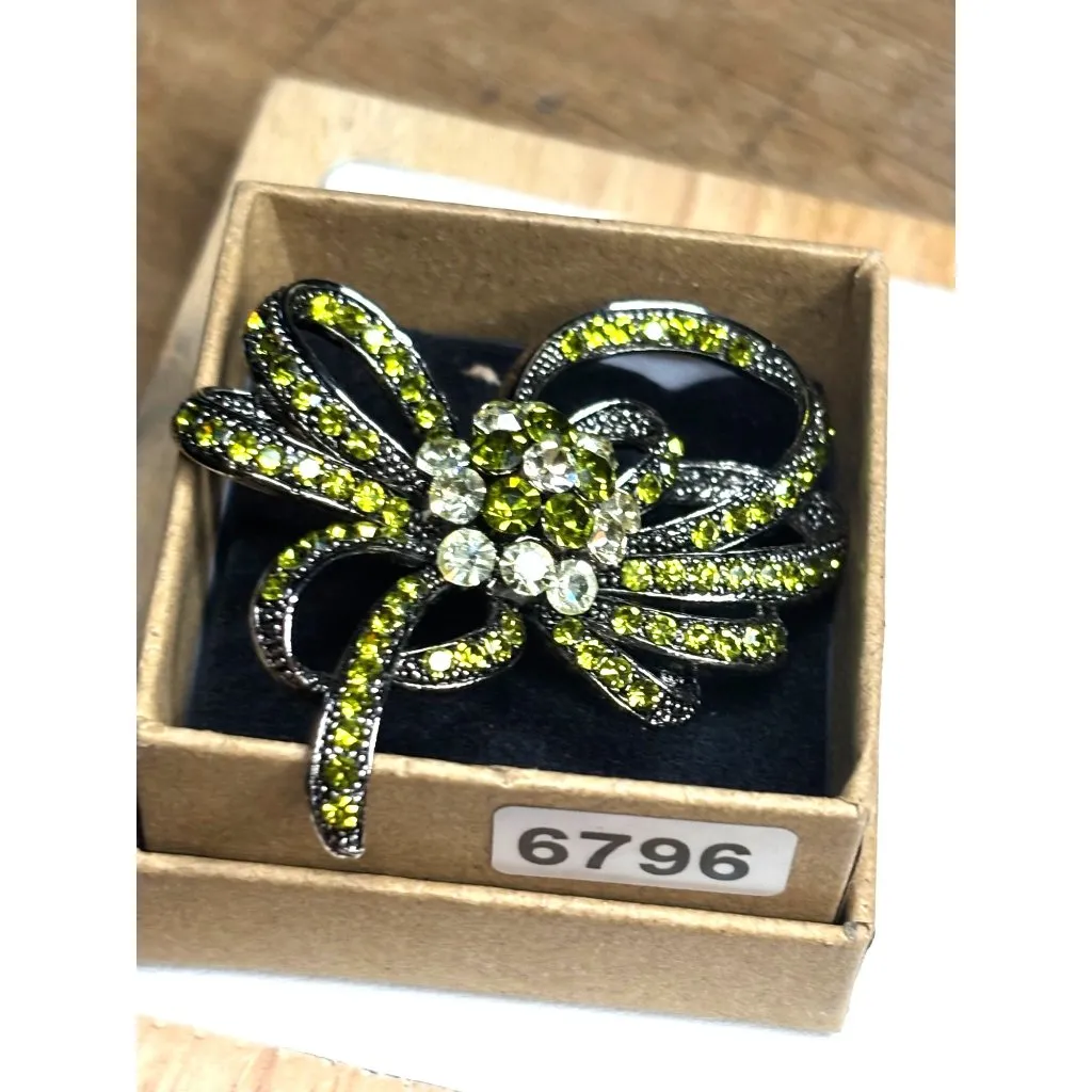 Vintage Rhinestone Bow Brooch Pin With Yellow & Clear Crystals - Image 2