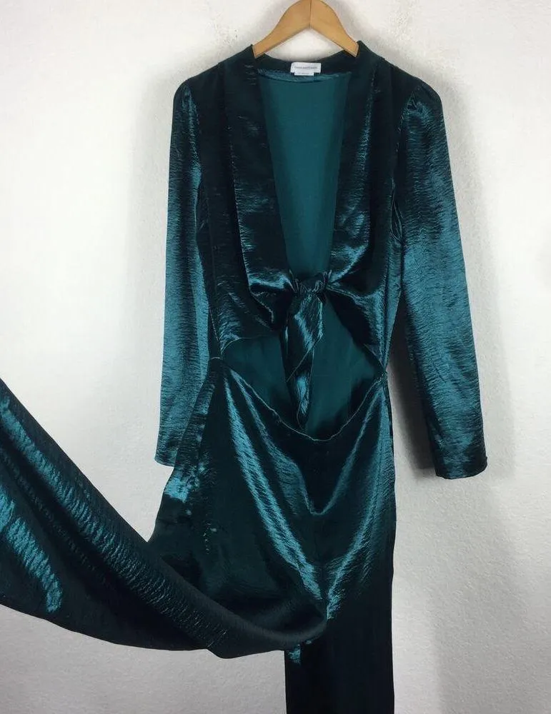 Lovers + Friends Kendall Green Satin Jumpsuit Medium Tie Front Long Sleeve - Image 12