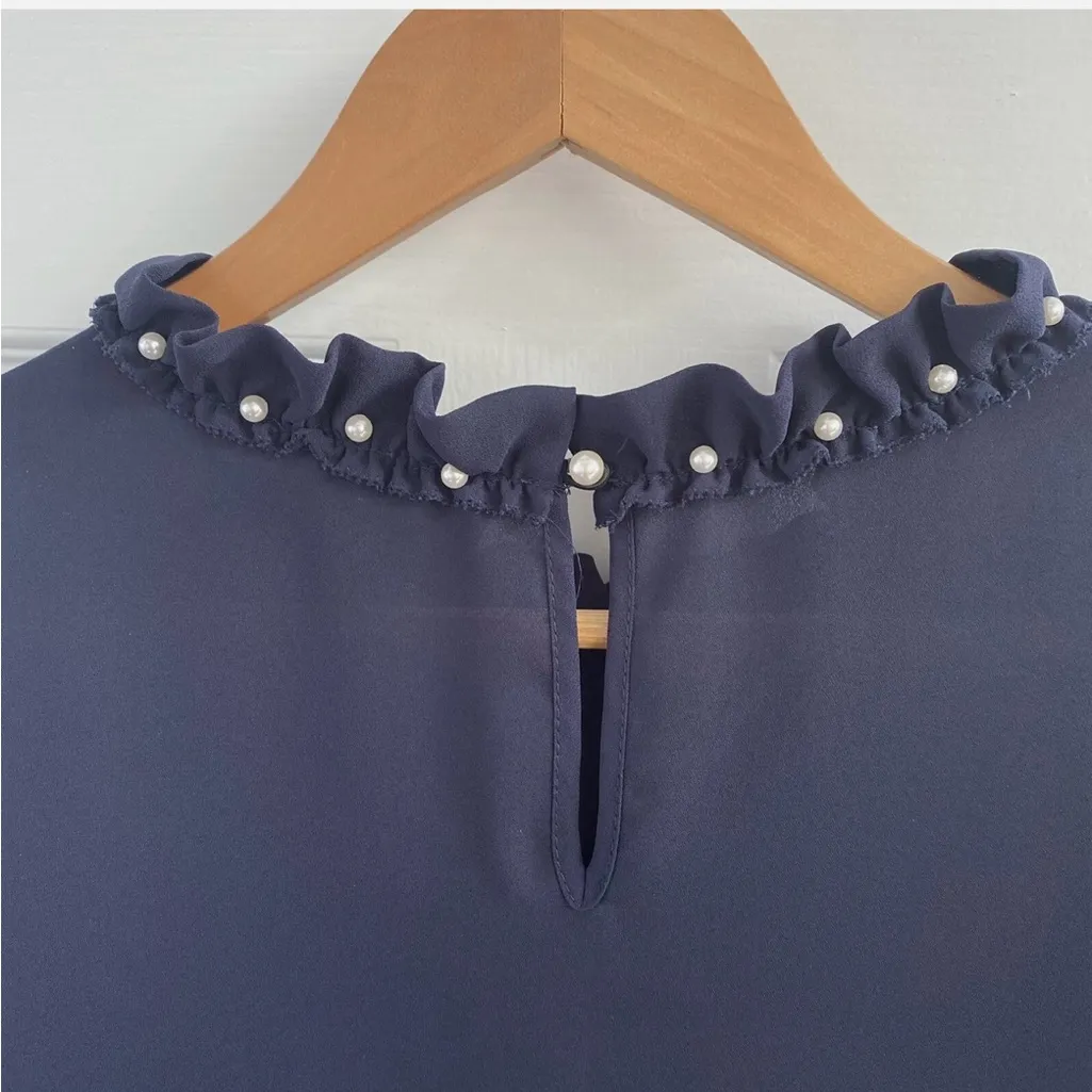 Karl Lagerfeld Navy Blouse with Ruffled Neckline - Image 4
