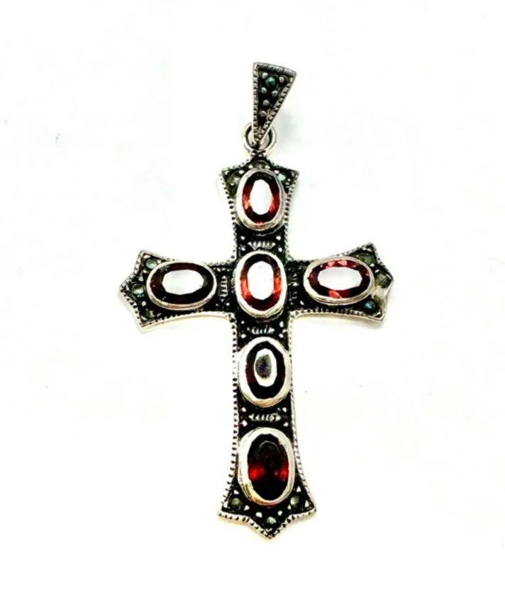 Garnet and Marcasite set in a Cross Pendant Sterling Silver Stamped 925 - Image 2