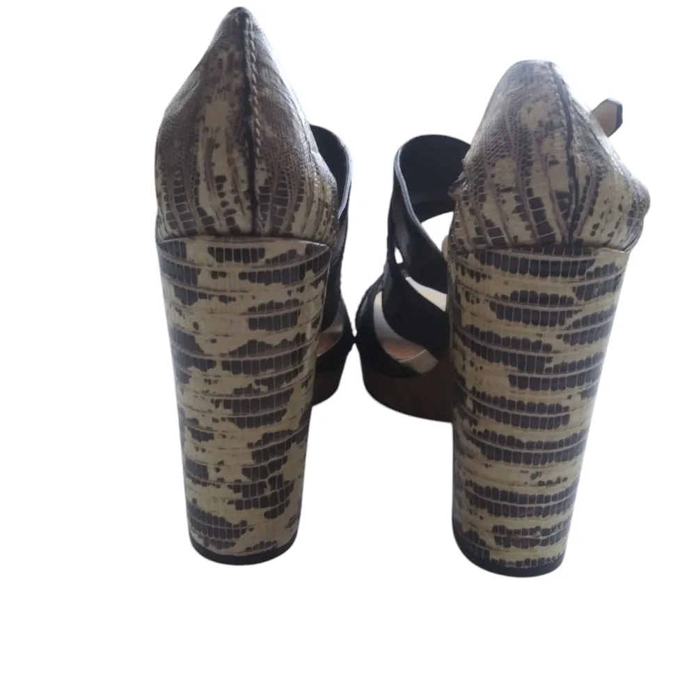 Reed Krakoff Black and Tan Snake Skin Leather Block Heels Edgy Contemporary Sz 9 - Image 2