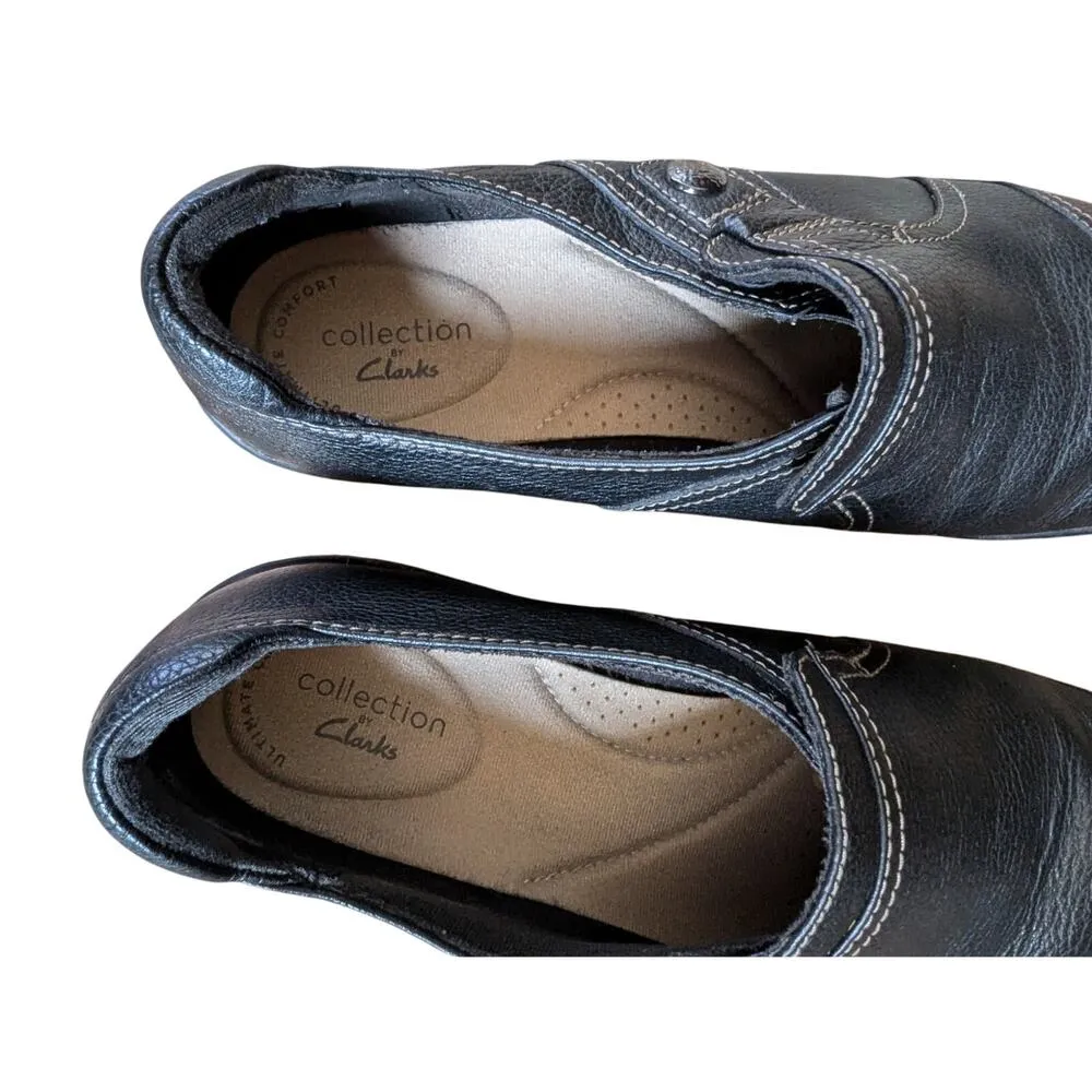 Clarks Cora Poppy Loafer Shoes Round Toe Slip On Full Grain Leather Black Size 8 - Image 3