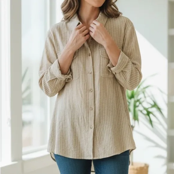 Laura Scott Beige Striped Button-Down Shirt - Image 2