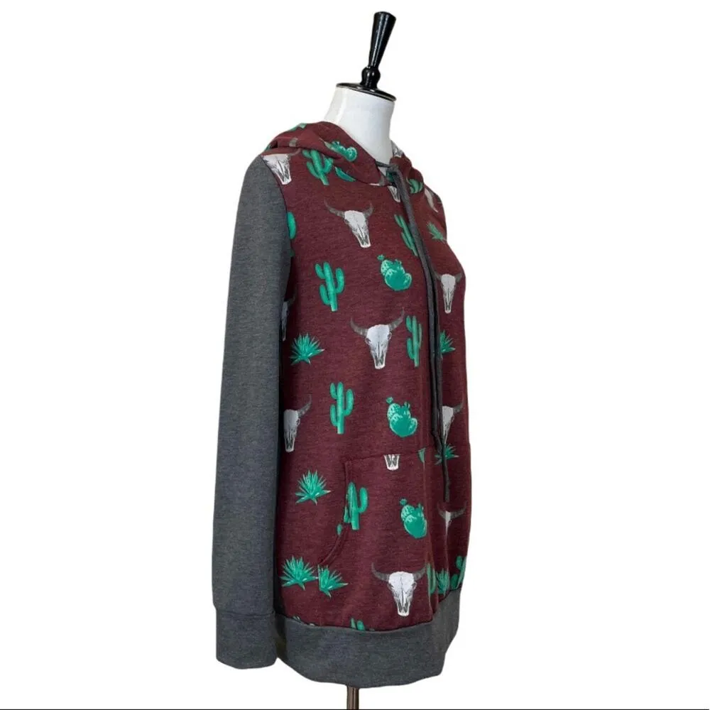 12PM by Mon Ami Cactus Western Pullover Hoodie Gray Burgundy Green Size Large - Image 2