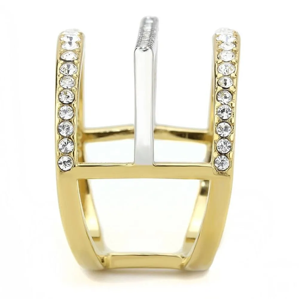 Stainless Steel Two Tone Crystal Art Deco Ring Size 8 Gold - Image 4