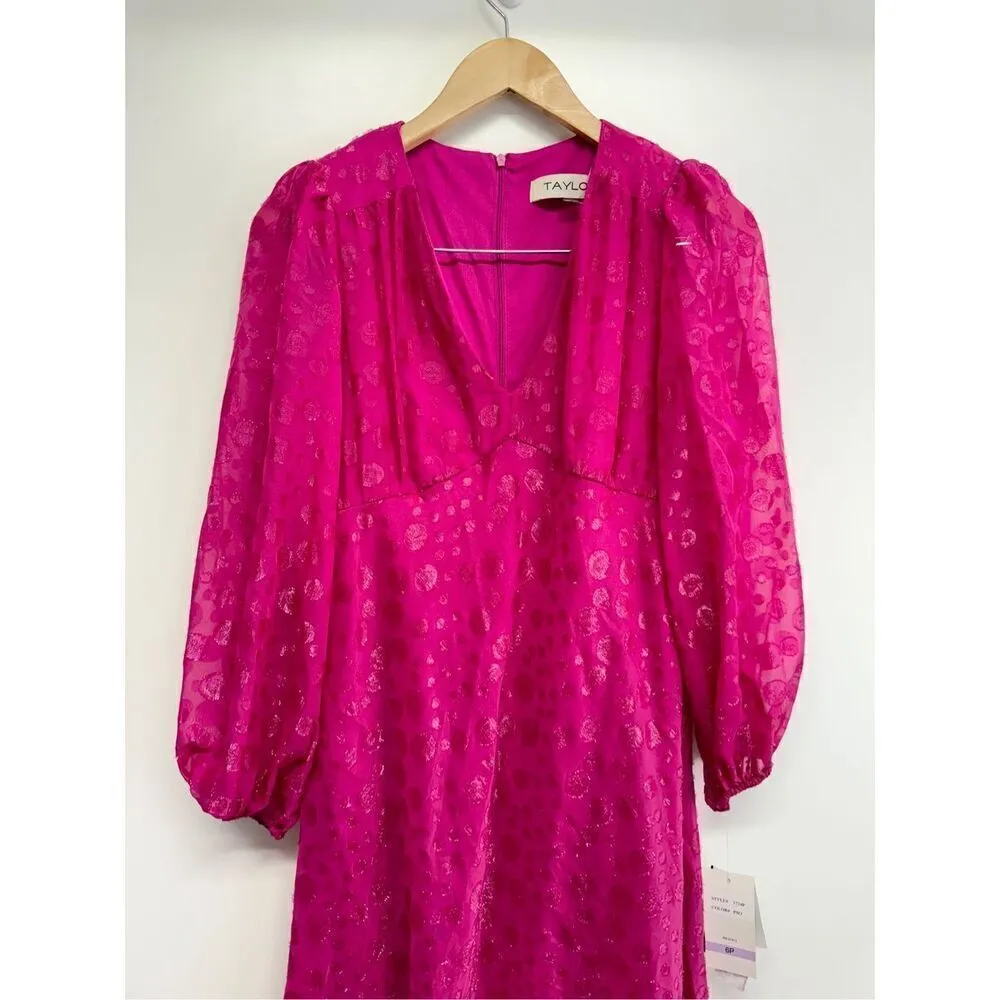 Taylor Midi Dress Size 6 Petite Hot‎ Pink Long Sleeve V Neck Printed Chiffon NEW - Image 4
