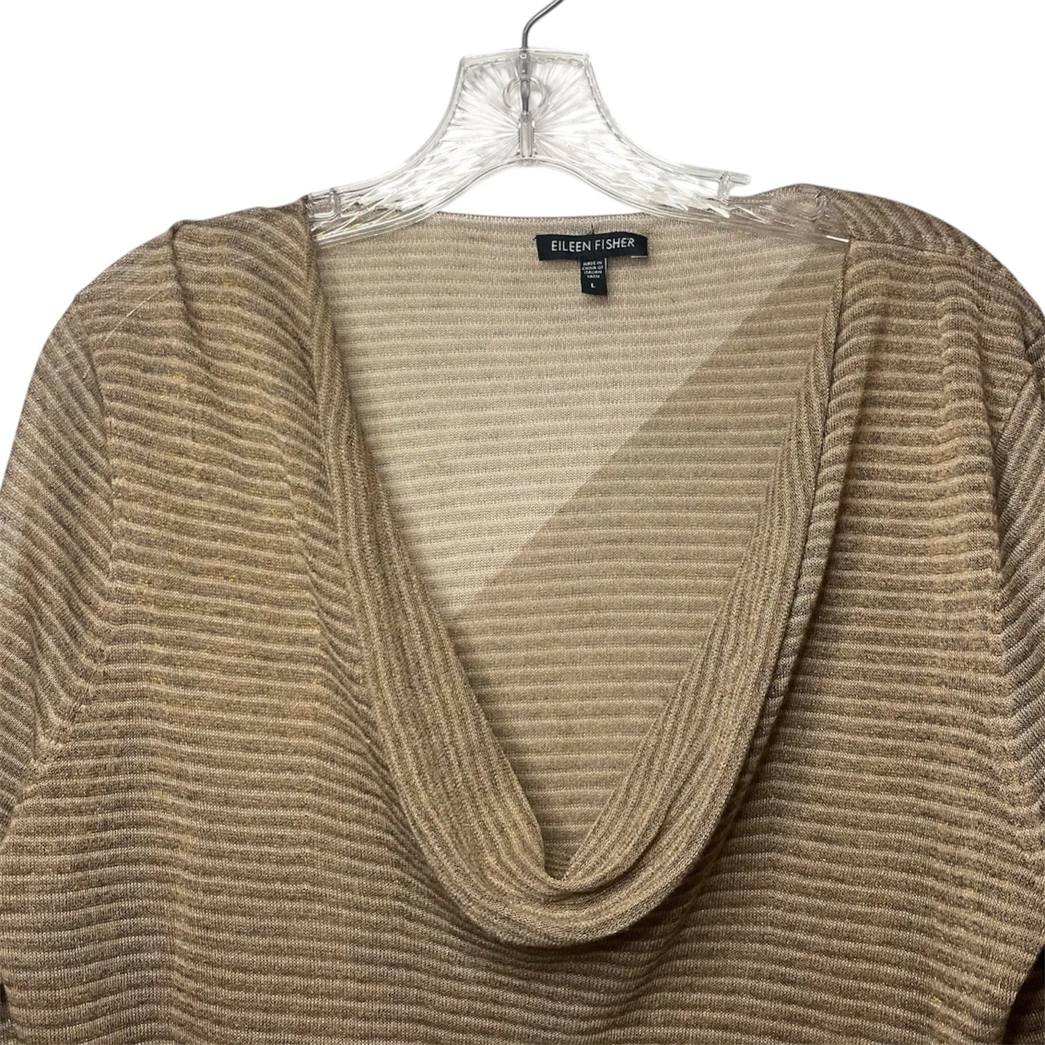 Eileen Fisher Metallic Striped Lightweight Draped Cowl Neck Knit Top Tan Gold L - Image 2