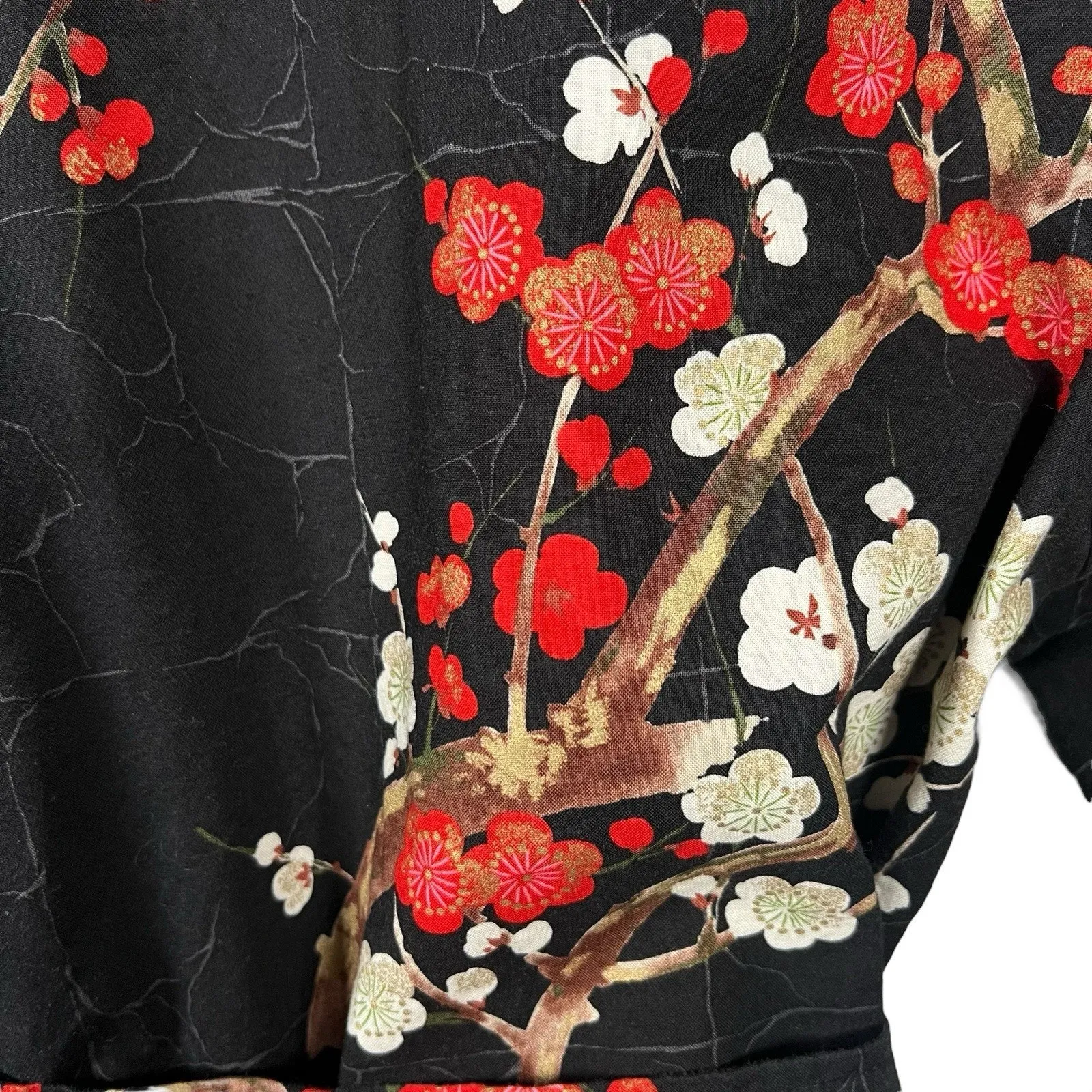 Black Japanese Cherry Blossom Print Short Robe With Belt Size Small/Medium - Image 11