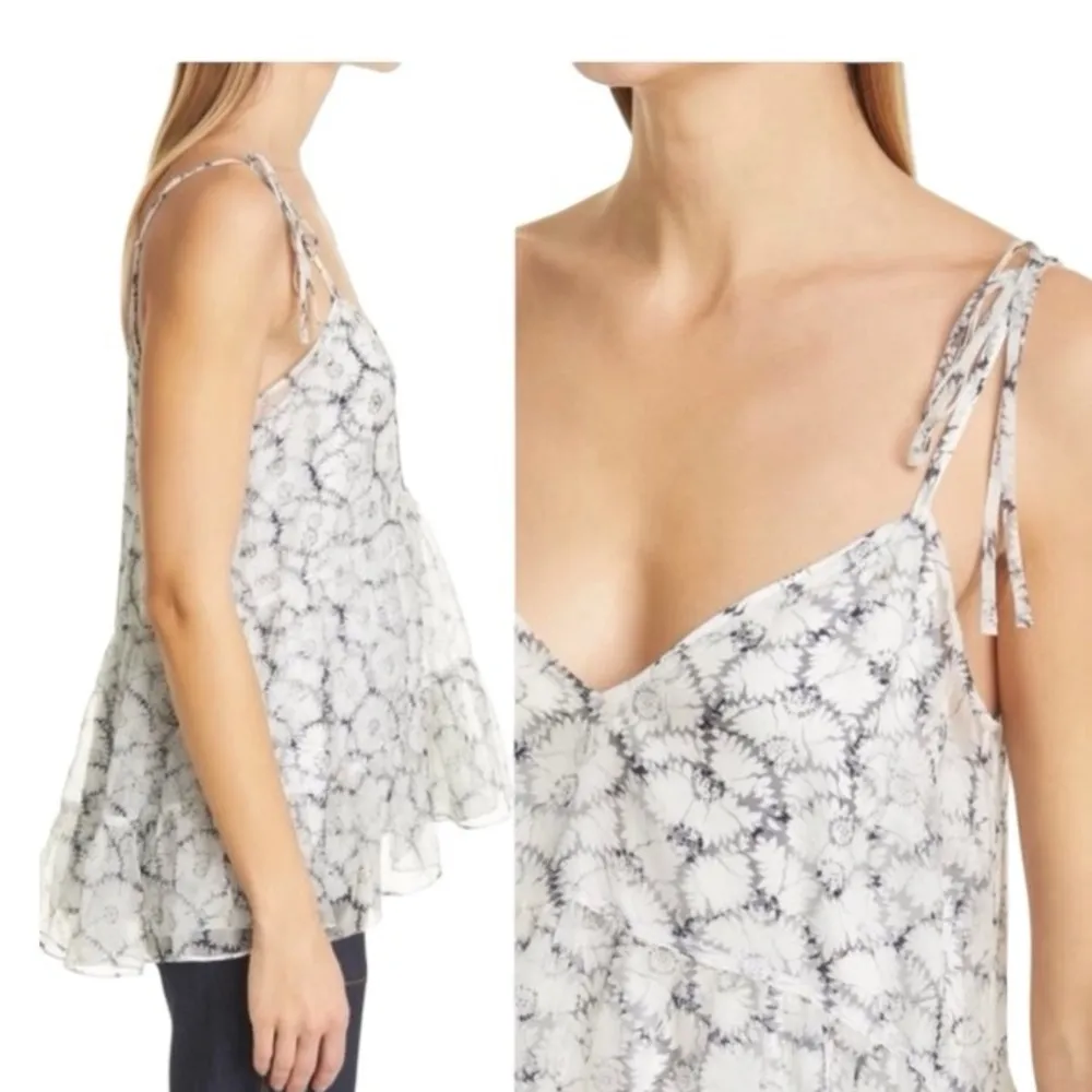 Cinq À Sept Esther Floral Ruffle Hem Silk Top In Ivory/ Navy Size Medium NWT Blue - Image 3