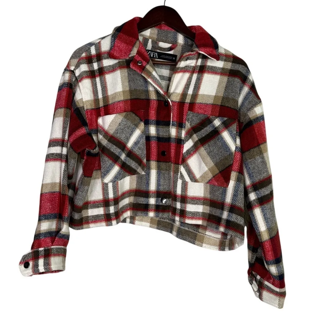 ZARA Cropped Oversized Plaid Shacket Jacket Button Down Pockets XS Red White - Image 11