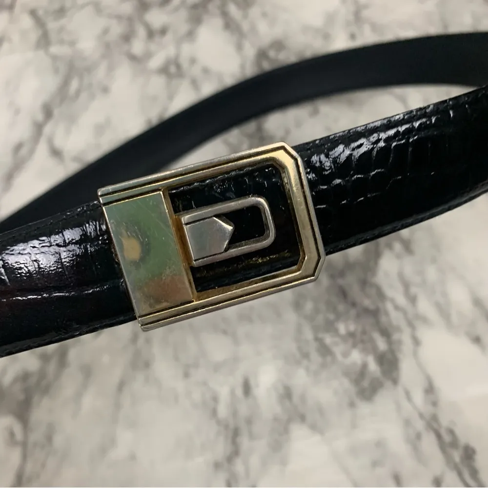 Vintage Embossed Alligator Leather Black Belt Gold Buckle - Image 2