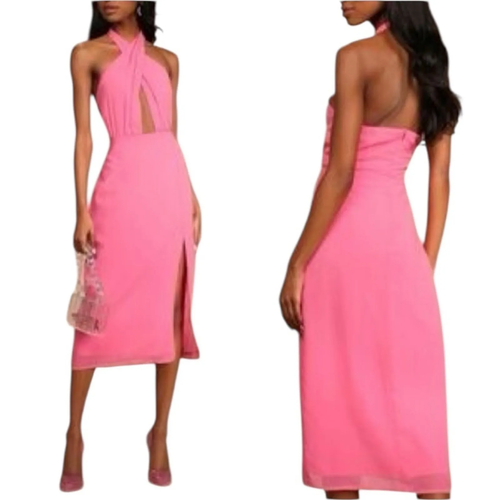 Lulu's Flirty Chic Bright Pink Cutout Twist-Front Halter Midi Dress NEW Size L - Image 2