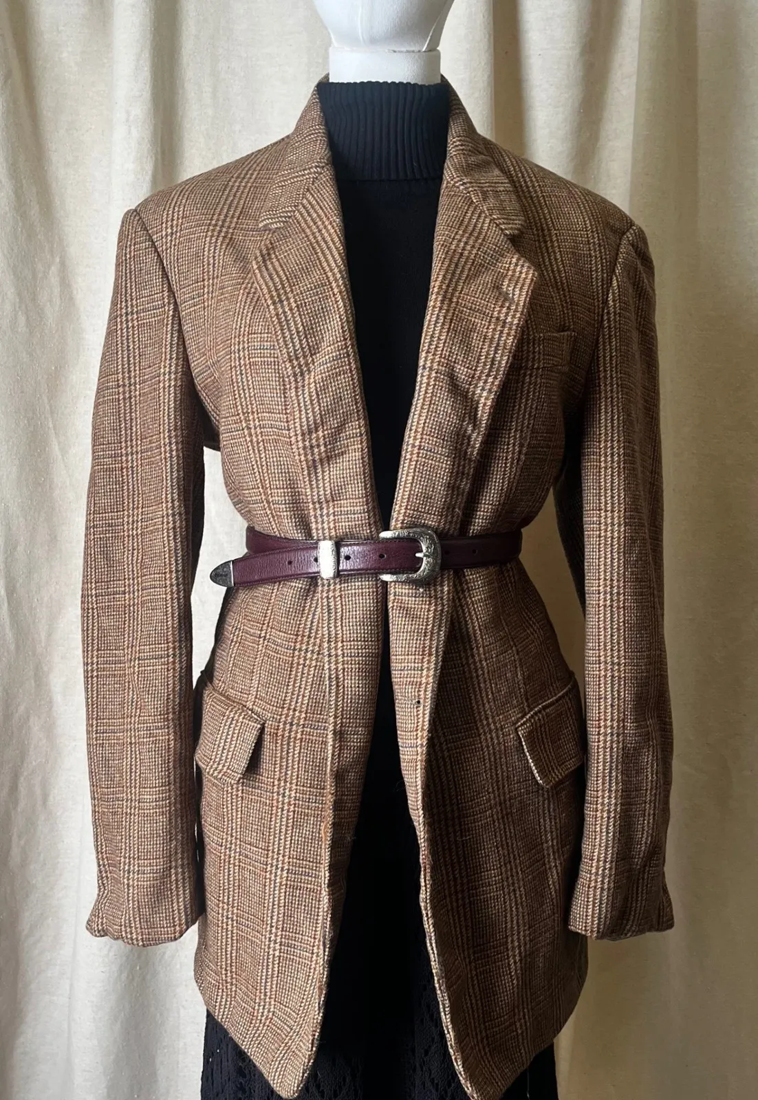 Vintage Karl Lagerfeld Paris Glen Plaid Wool Blazer Brown Check Tweed 80s - Image 1