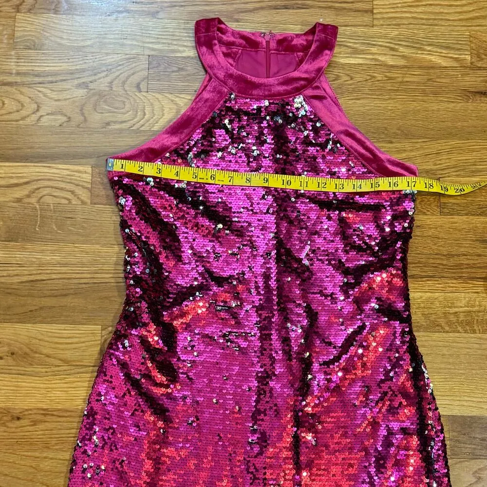 Womens 0 Pink Sequin Velvet Silver Sleeveless High Neck Sheath Dress - Image 2
