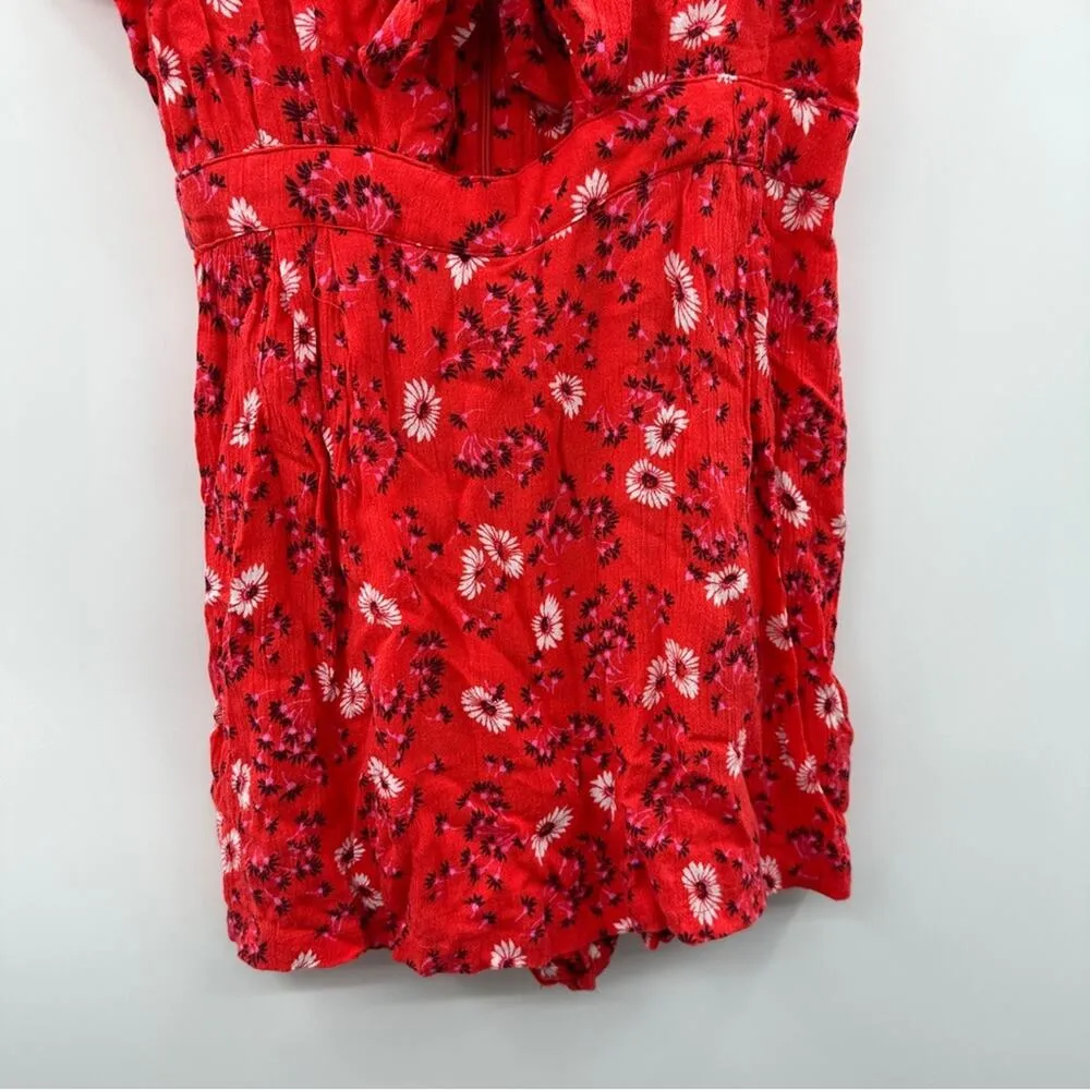 Free People Jinx Red &‎ White Floral Print Cut Out Tie Front Romper Dress Size 4 - Image 5