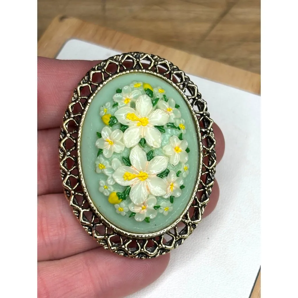 Vintage Oval Floral Brooch With Hand - Image 2