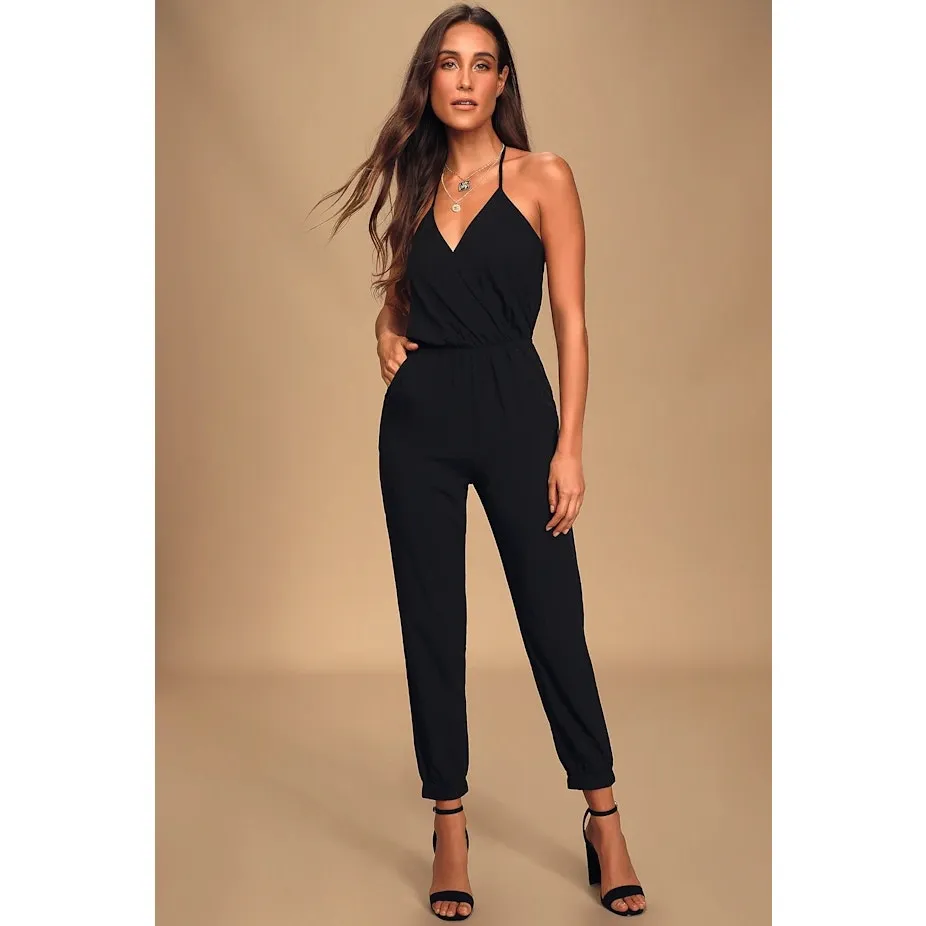 Lulus Learning to Fly Black Halter Sleeveless V Neck Faux Wrap Jumpsuit Size S - Image 7