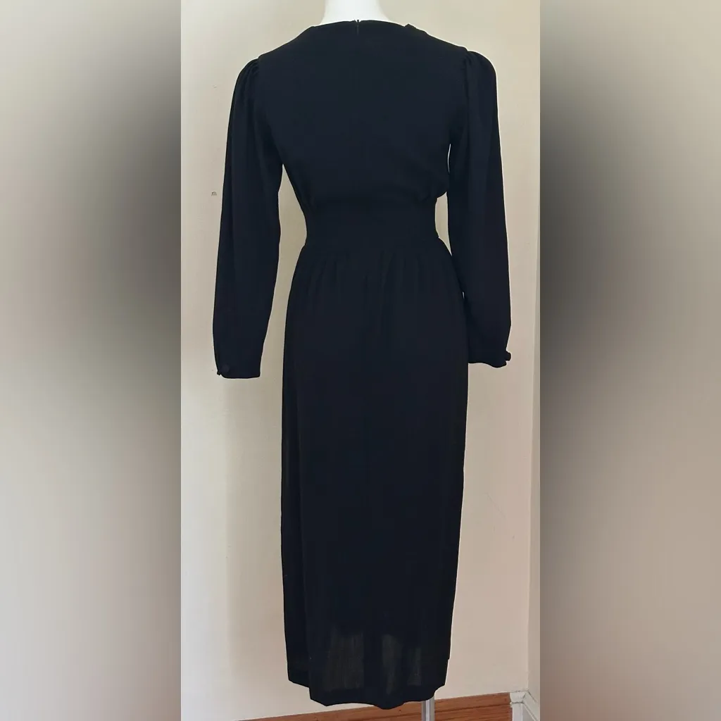 LAURA ASHLEY Black Vintage 1990’S Long Sleeve Black Bow  Wool Dress Pleated Sz 8 - Image 2