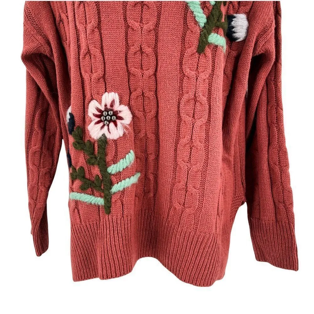 2/$30 T.I.M.I.N.G Cable Knit Stitched Yarn Flower Long Sleeve Sweater Large - Image 4