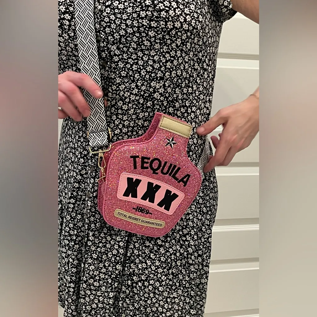 Tequila Bottle Novelty Purse with Adjustable Embroidered Crossbody Strap Pink - Image 6