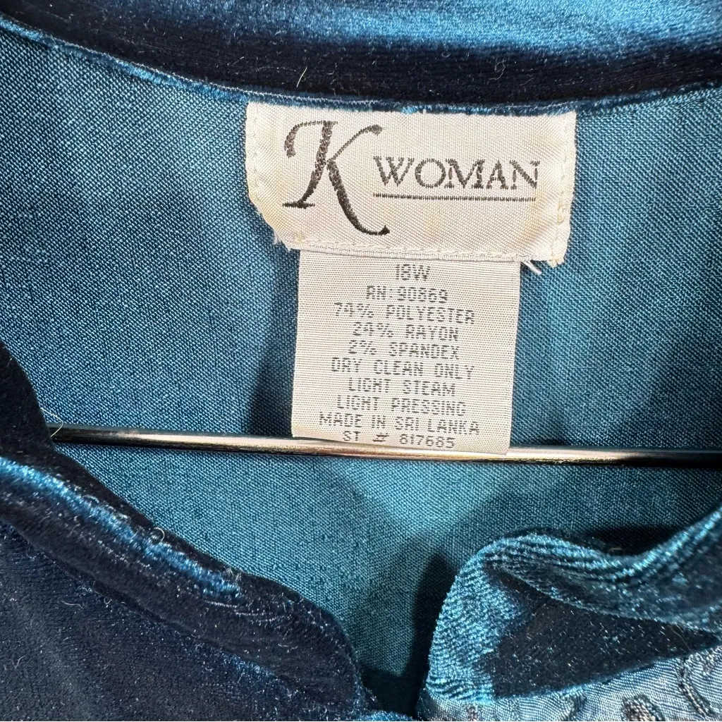 Vintage Deep Teal Turquoise Velvet Satin Patchwork Long Sleeve Button Front Top Blue Size 18W - Image 3