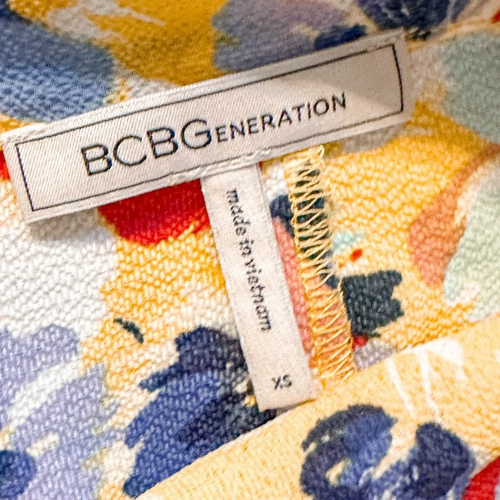 BCBGeneration Yellow Red Blue Floral Ruffle Sarong Wrap Midi Skirt, EUC, Size XS - Image 10