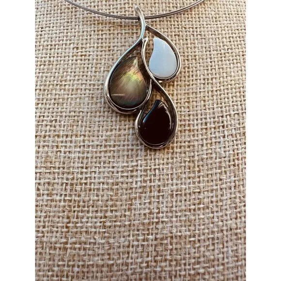 Lia Sophia Silver Tone Necklace Mother of Pearl Black White Tear Drops Pendant - Image 5