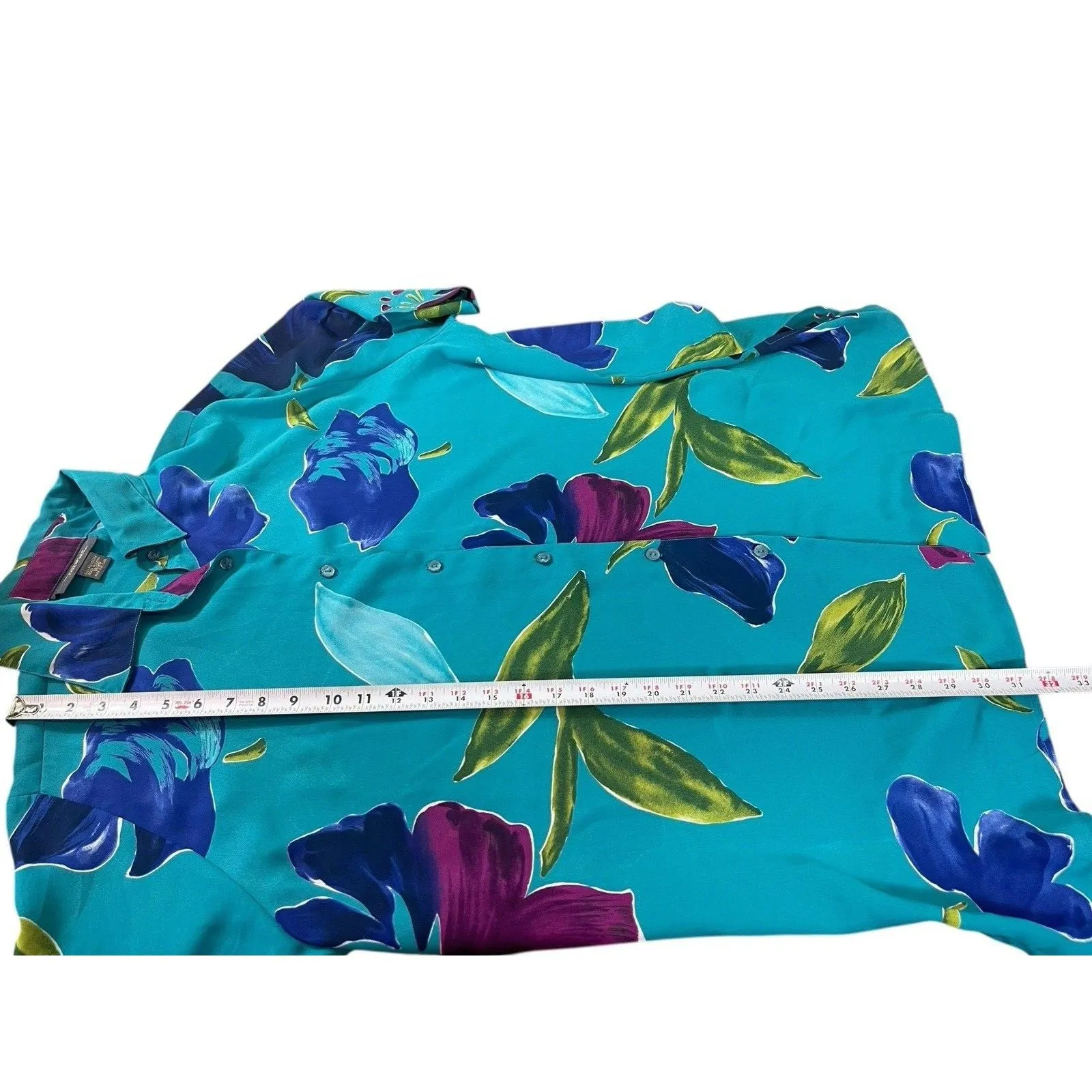 VTG 90s Lane Bryant Designs 18/20 Button Up Blouse Teal Floral Tropical Print - Image 5