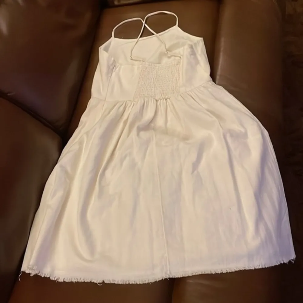 Old Navy Cream Raw Hem Smocked Back Lined Dress Size Small Petite Vacation Beach - Image 2
